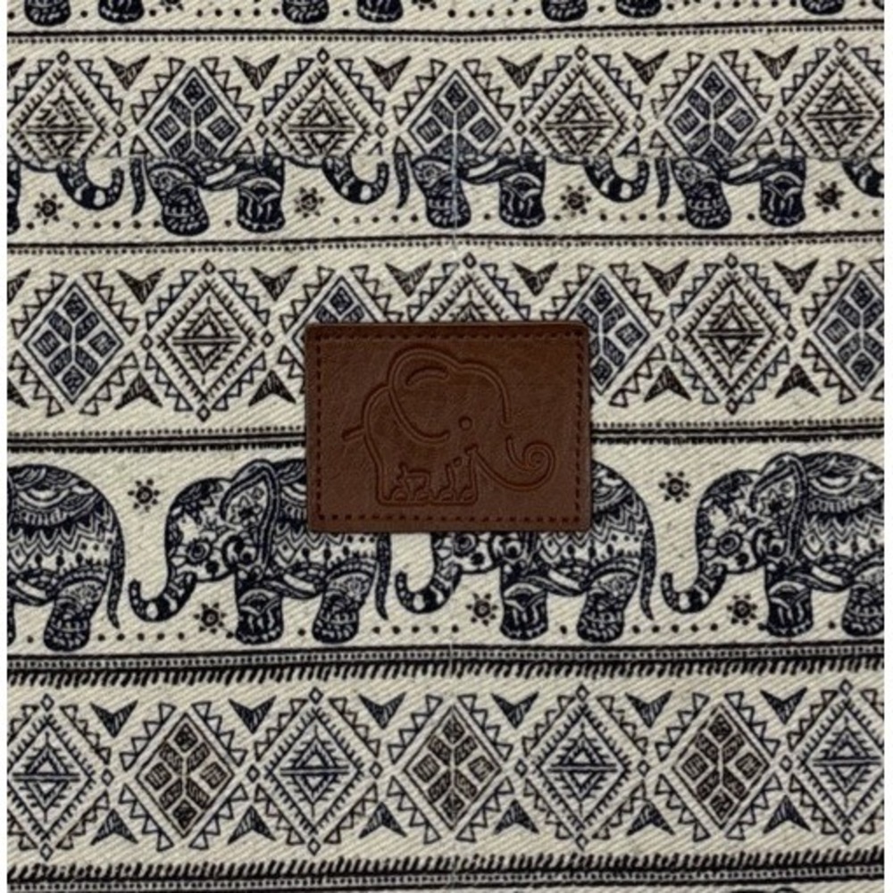 Thai Elephant Print Canvas Drawstring Backpack Bag Boho Cream Navy 15x12x3 - Picture 2 of 7